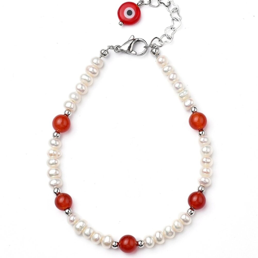 NWOT Natural Fresh water pearl and Carnelian Bracelet with lampwork evil eye